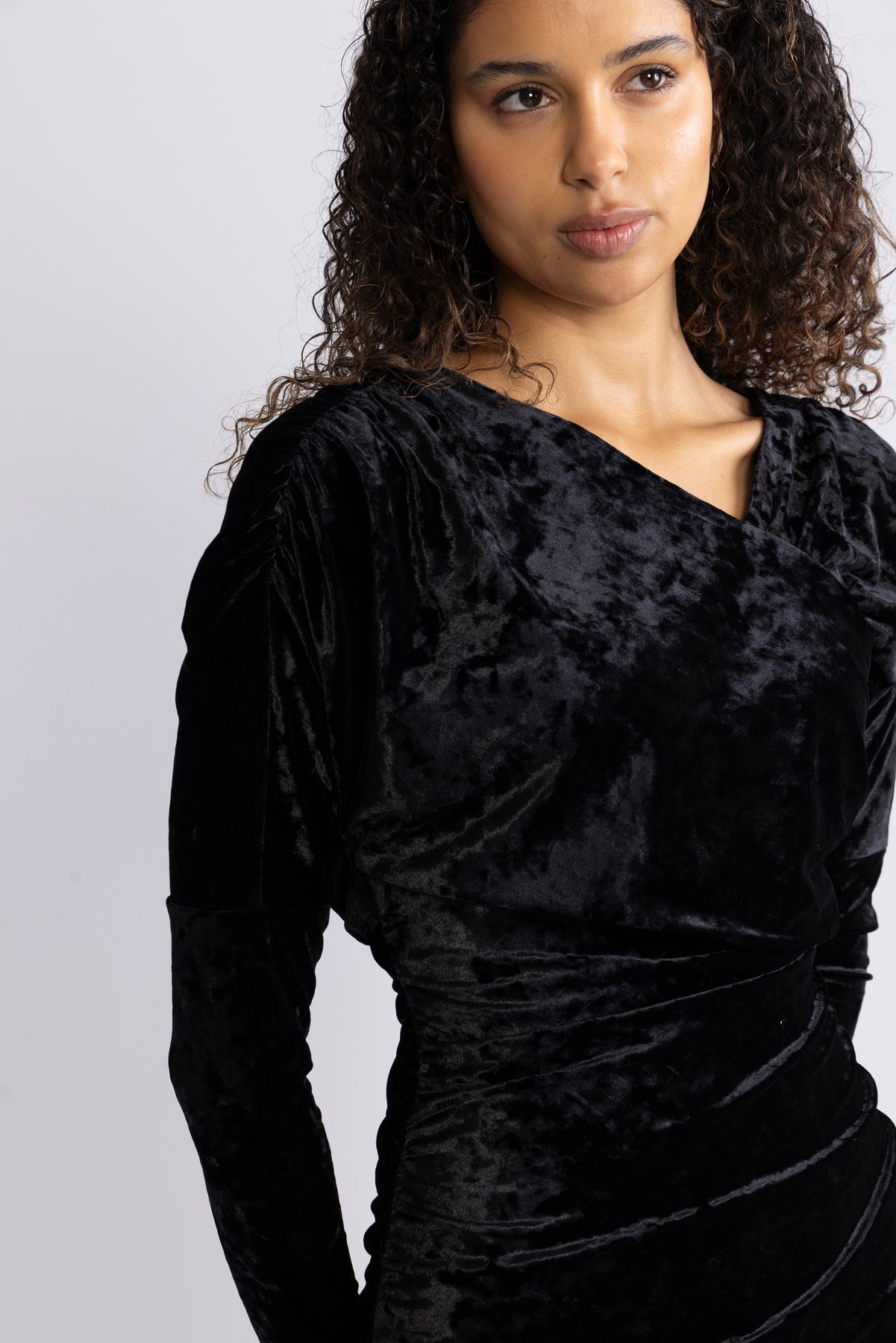 Velour Jersey Crossover Ruched Mini Dress - Black