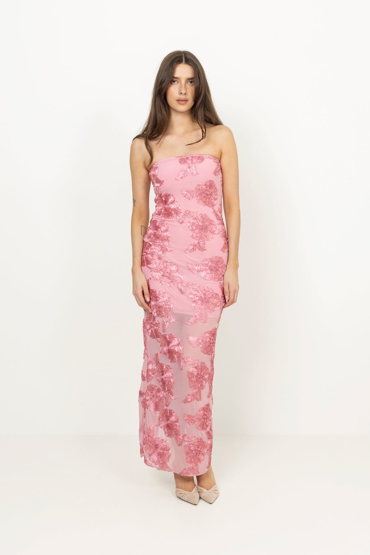 3D Mesh Maxi Dress - Sea Pink