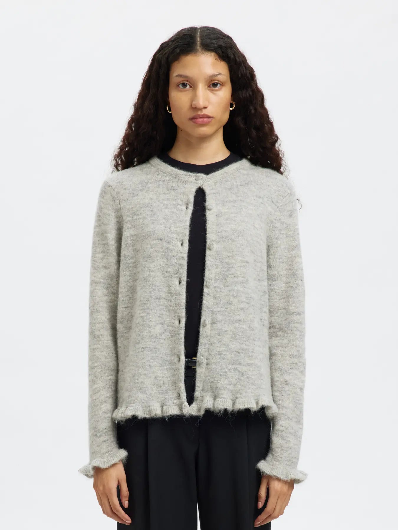 Lulu Frill Ls Knit Cardigan - Light Grey Melange