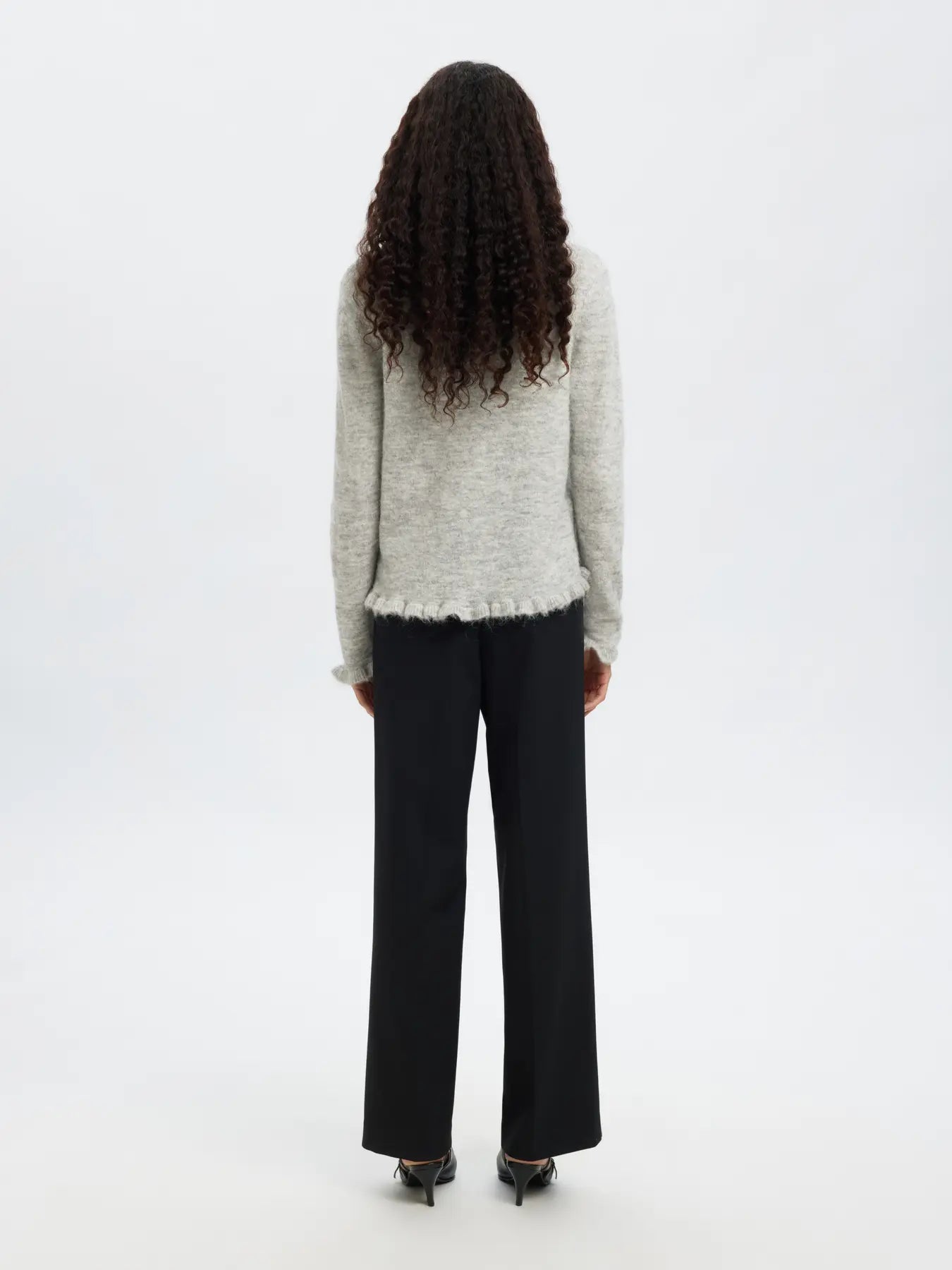Lulu Frill Ls Knit Cardigan - Light Grey Melange