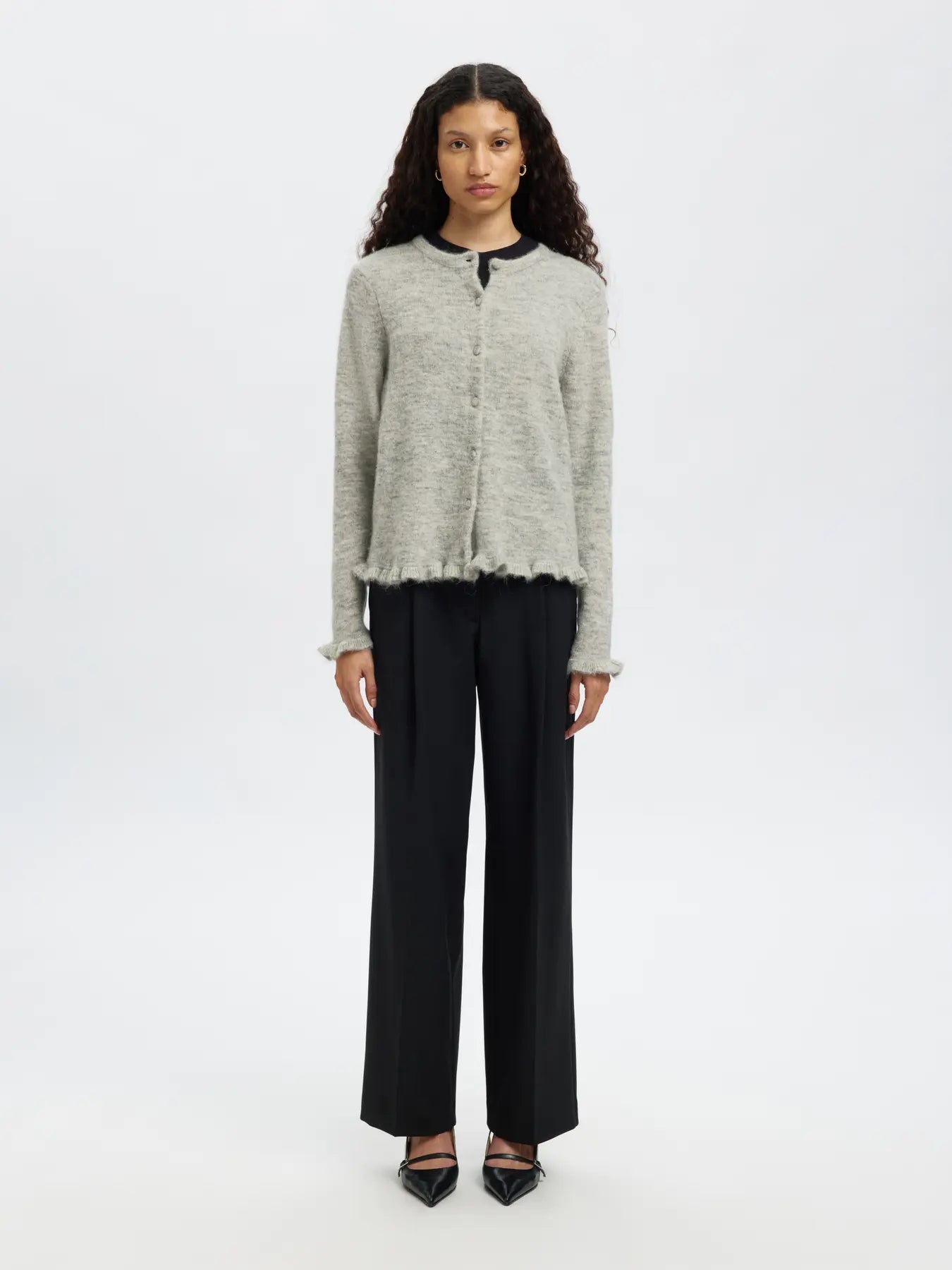 Lulu Frill Ls Knit Cardigan - Light Grey Melange