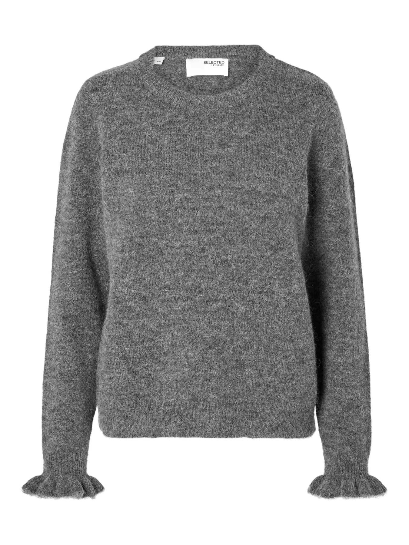 Lulu Ls Knit Frill Cuff O-Neck - Medium Grey Melange