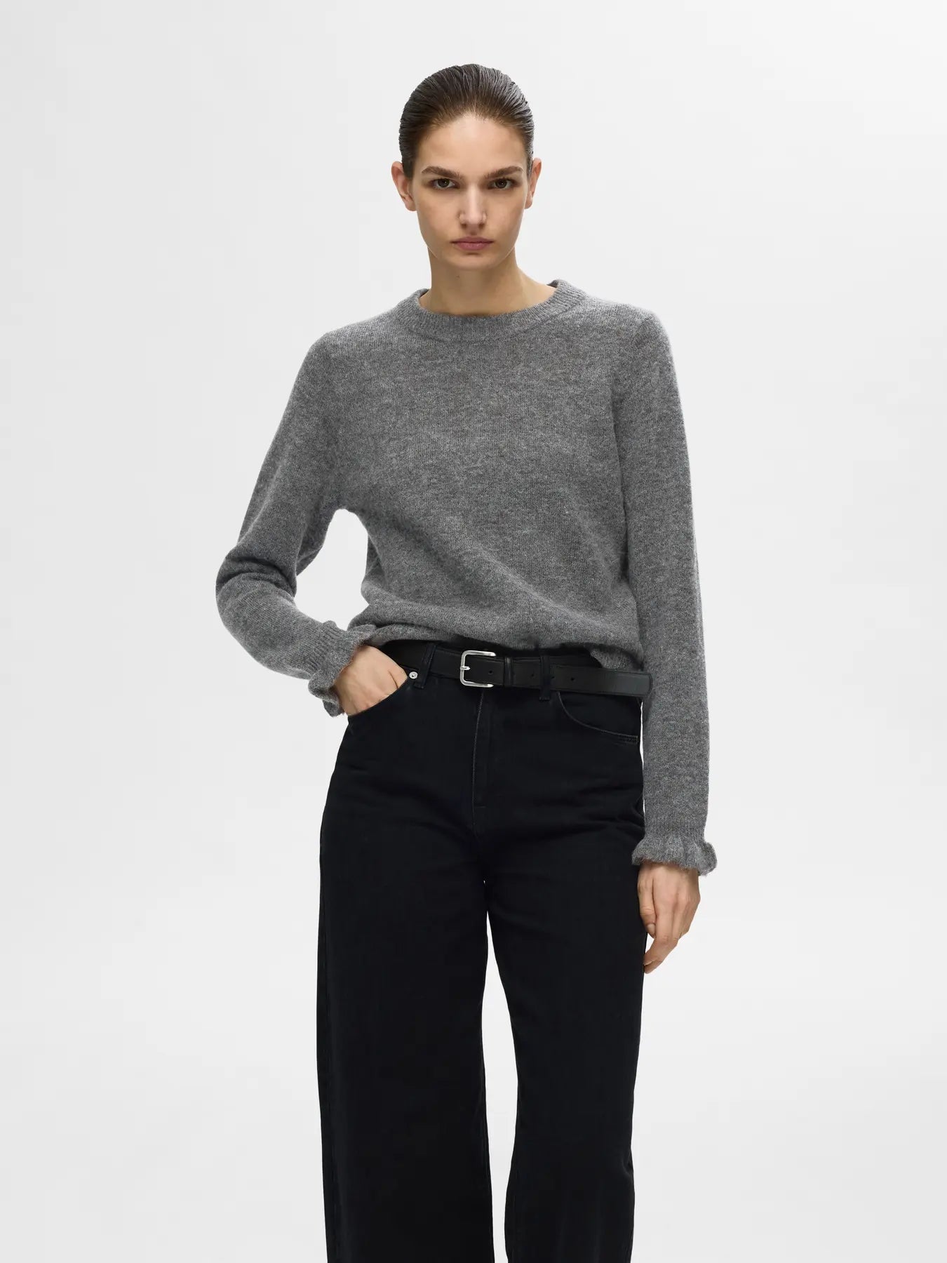 Lulu Ls Knit Frill Cuff O-Neck - Medium Grey Melange