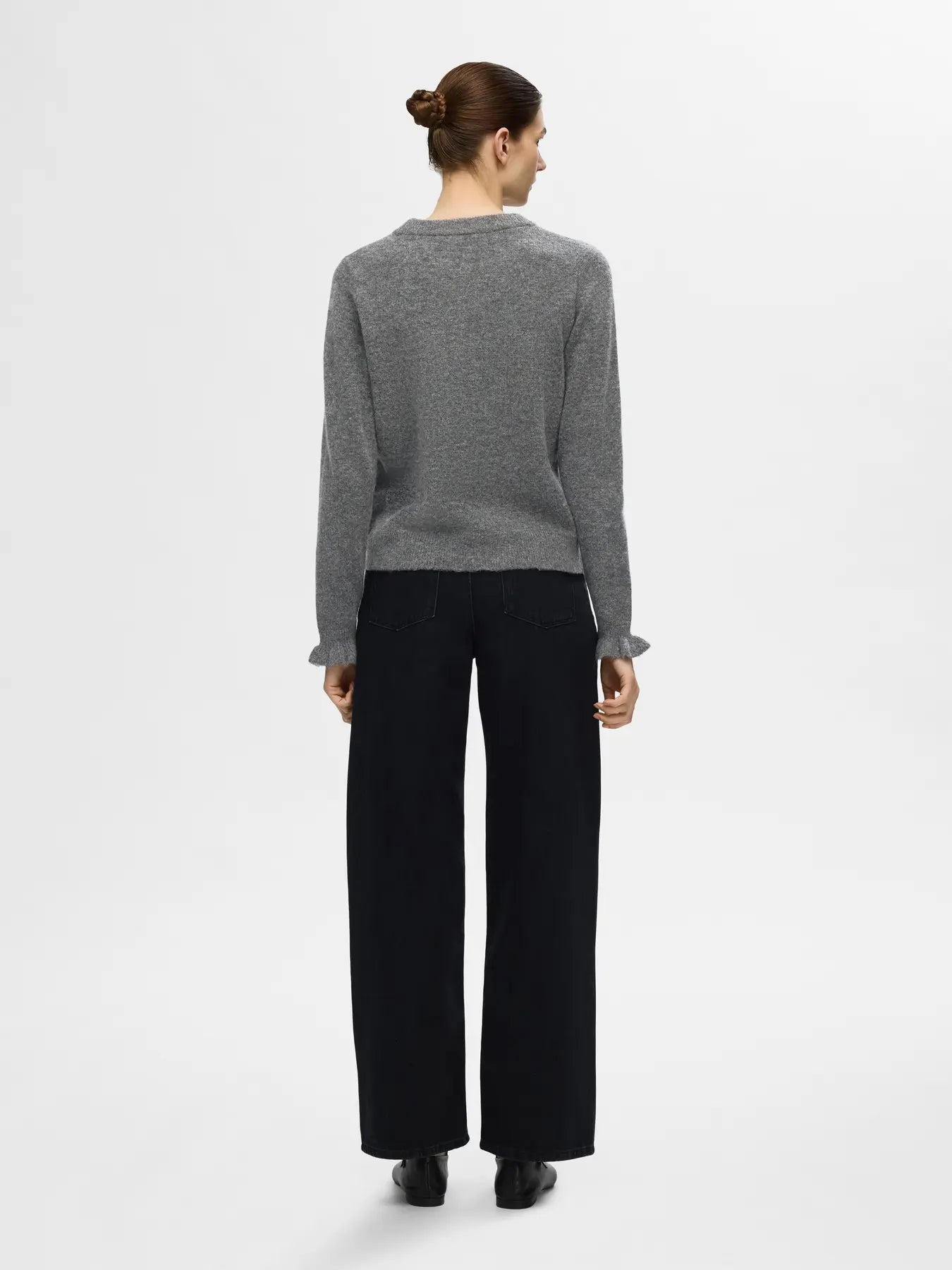 Lulu Ls Knit Frill Cuff O-Neck - Medium Grey Melange