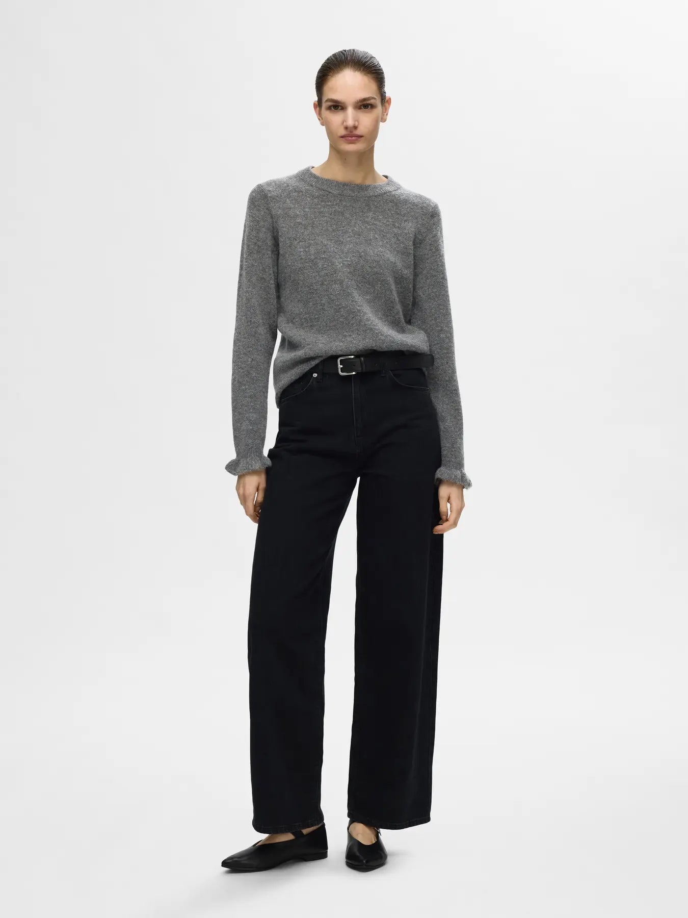 Lulu Ls Knit Frill Cuff O-Neck - Medium Grey Melange