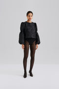 Zoey Double Pouf Sleeve Blouse - Black Jacquard