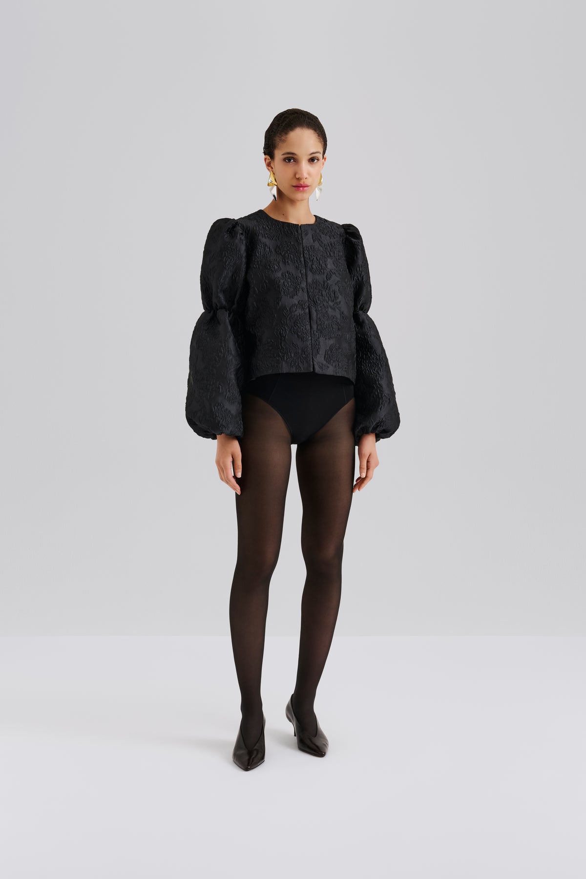 Zoey Double Pouf Sleeve Blouse - Black Jacquard