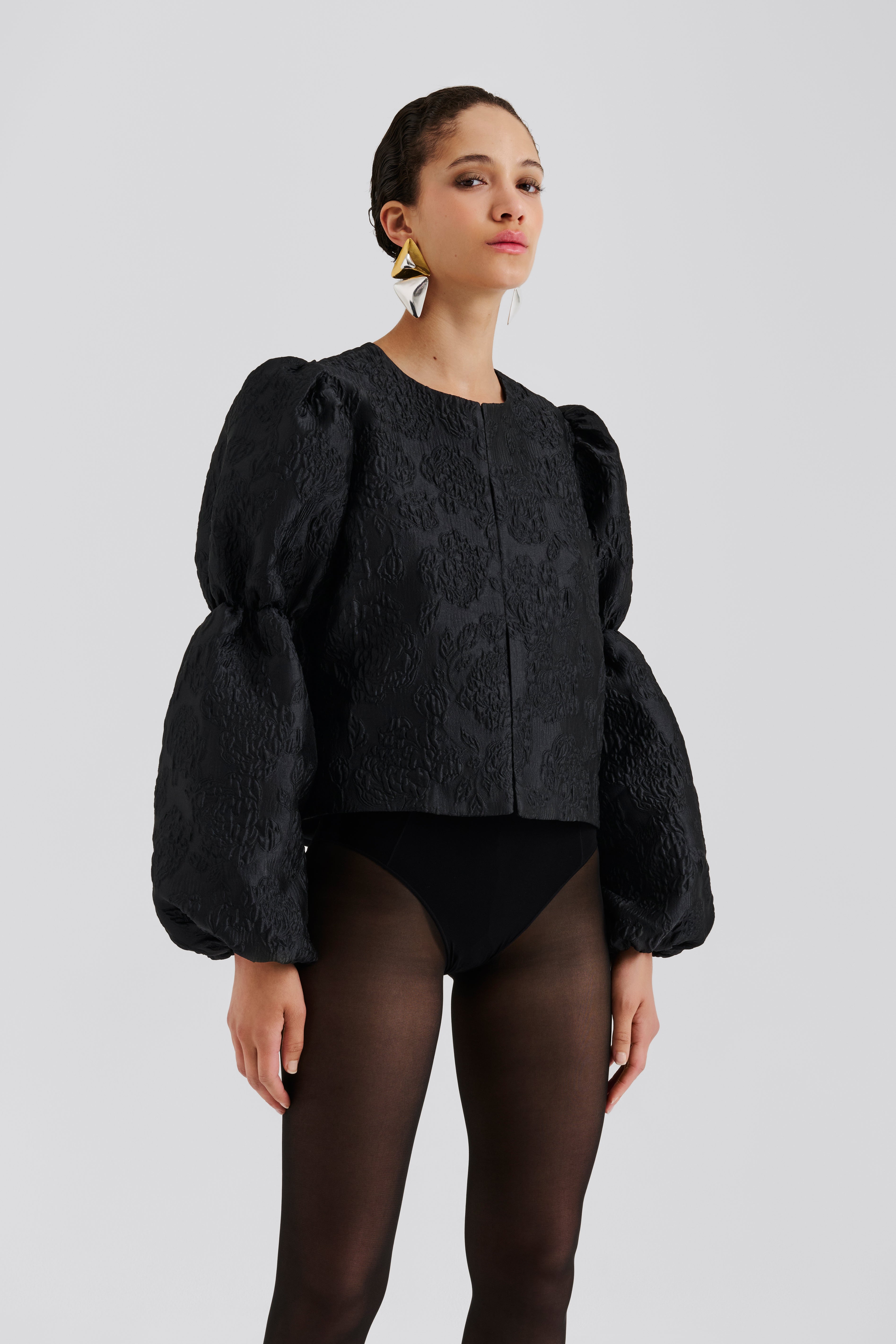 Zoey Double Pouf Sleeve Blouse - Black Jacquard