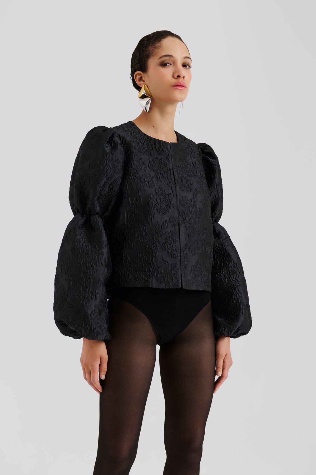 Zoey Double Pouf Sleeve Blouse - Black Jacquard