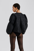 Zoey Double Pouf Sleeve Blouse - Black Jacquard
