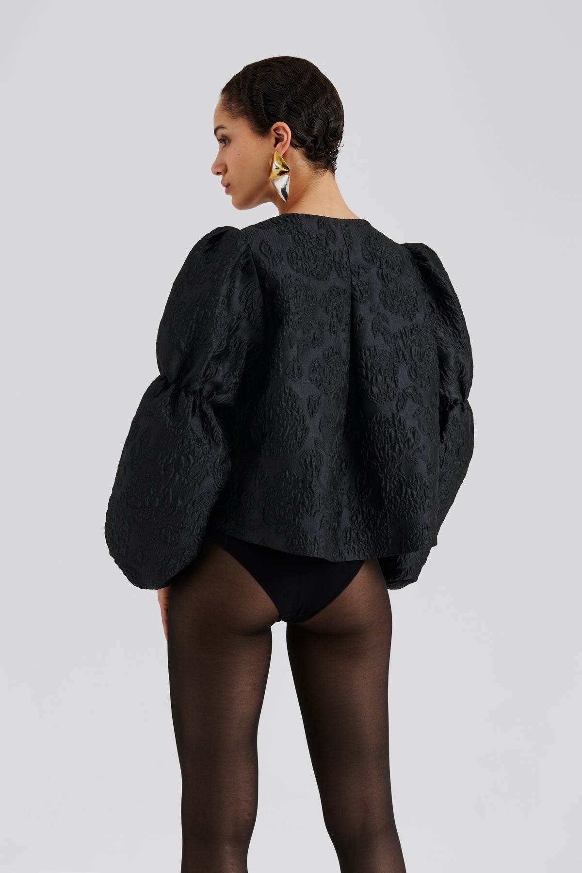 Zoey Double Pouf Sleeve Blouse - Black Jacquard