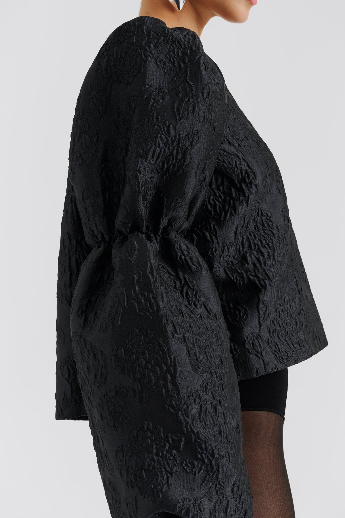 Zoey Double Pouf Sleeve Blouse - Black Jacquard