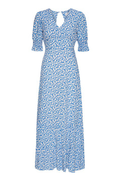 Koko Dress Long Open Back Short Sleeves - Blue White Flowers