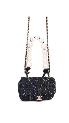 Chanel Tweed Pearl Single Flap Bag Mini - Black