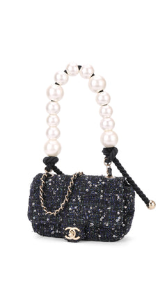 Chanel Tweed Pearl Single Flap Bag Mini - Black