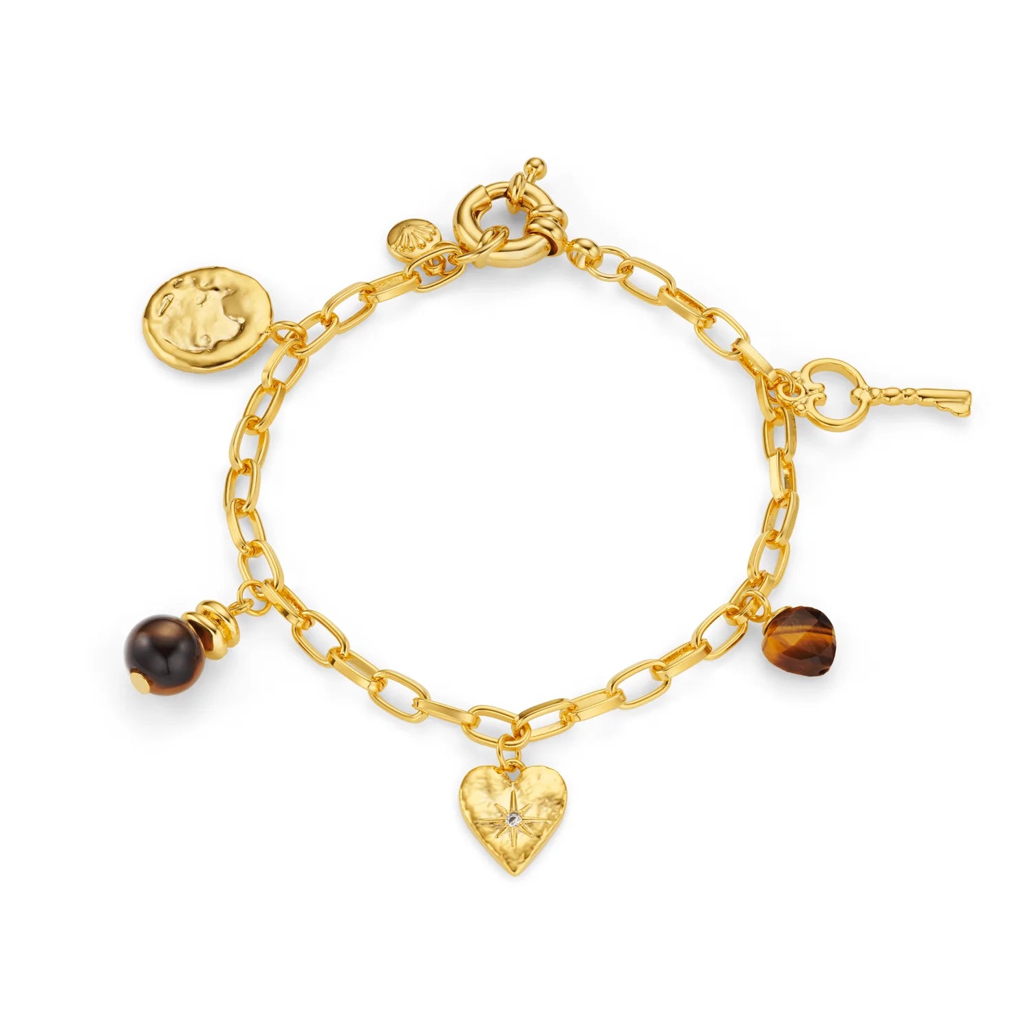 Mixed Charm & Tigers Eye Bracelet - Pale Gold