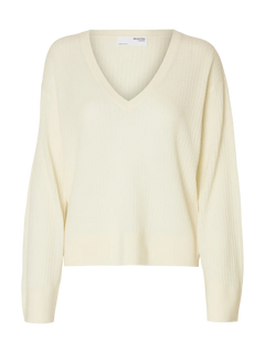 Thea Ls Knit Merino Deep V-Neck - Snow White