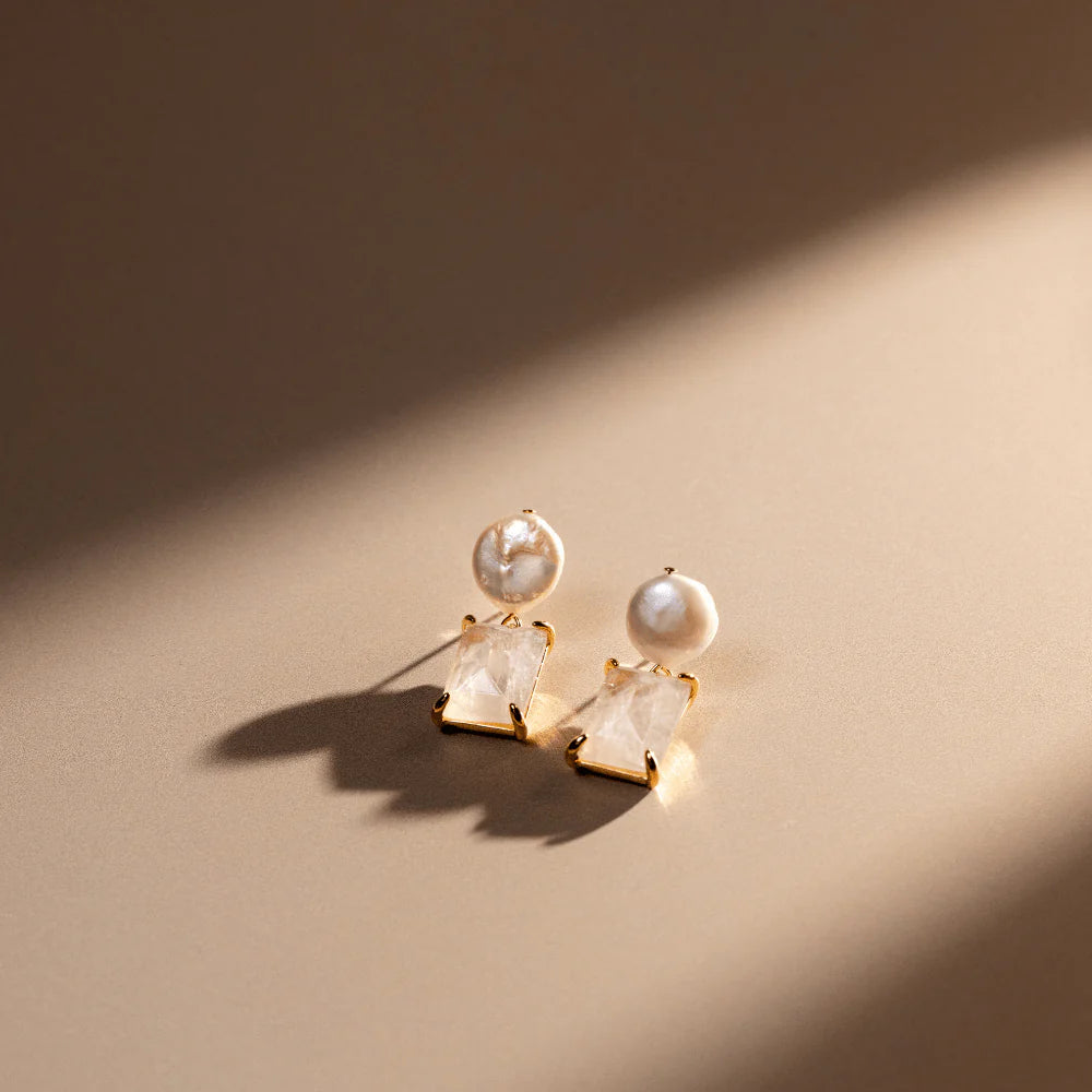 Pearl & Rose Quartz Drop Earring - Pale Gold