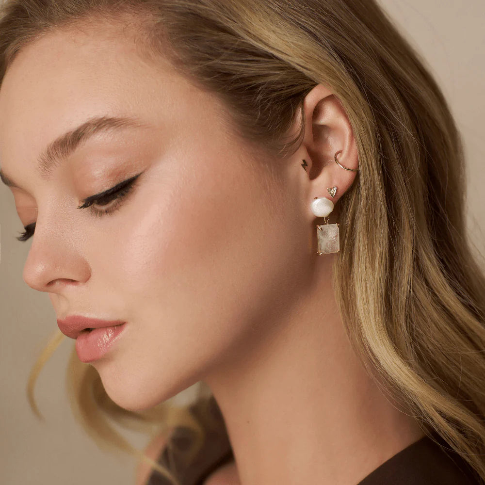 Pearl & Rose Quartz Drop Earring - Pale Gold