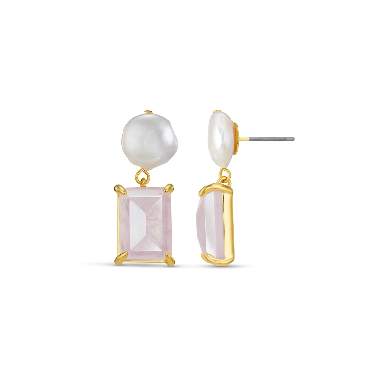 Pearl & Rose Quartz Drop Earring - Pale Gold