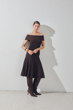 Althena Off Shoulder Knitted Midi Dress - Chocolate