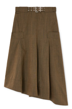 Light Wool Melange Belted Asymmetric Skirt - Canteen
