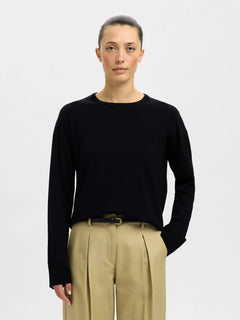 Thea Ls Knit Merino O-Neck - Black