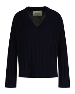 Wide Ribbed Wool V-Neck - Evening Blue