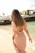 Koko Dress Long Open Back Short Sleeves - Peach Flower