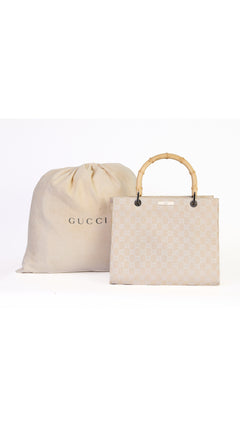 Gucci Monogram Bamboo Handle Tote Bag - Beige