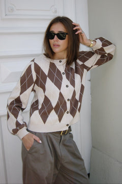 Anni Argyle Knit Cardigan - Brown