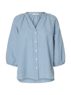Cleo-Alberta Linen Blend Shirt - Dusty Blue Bright White