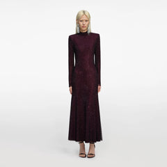 Rhinestone Fishnet Midi Dress - Burgundy