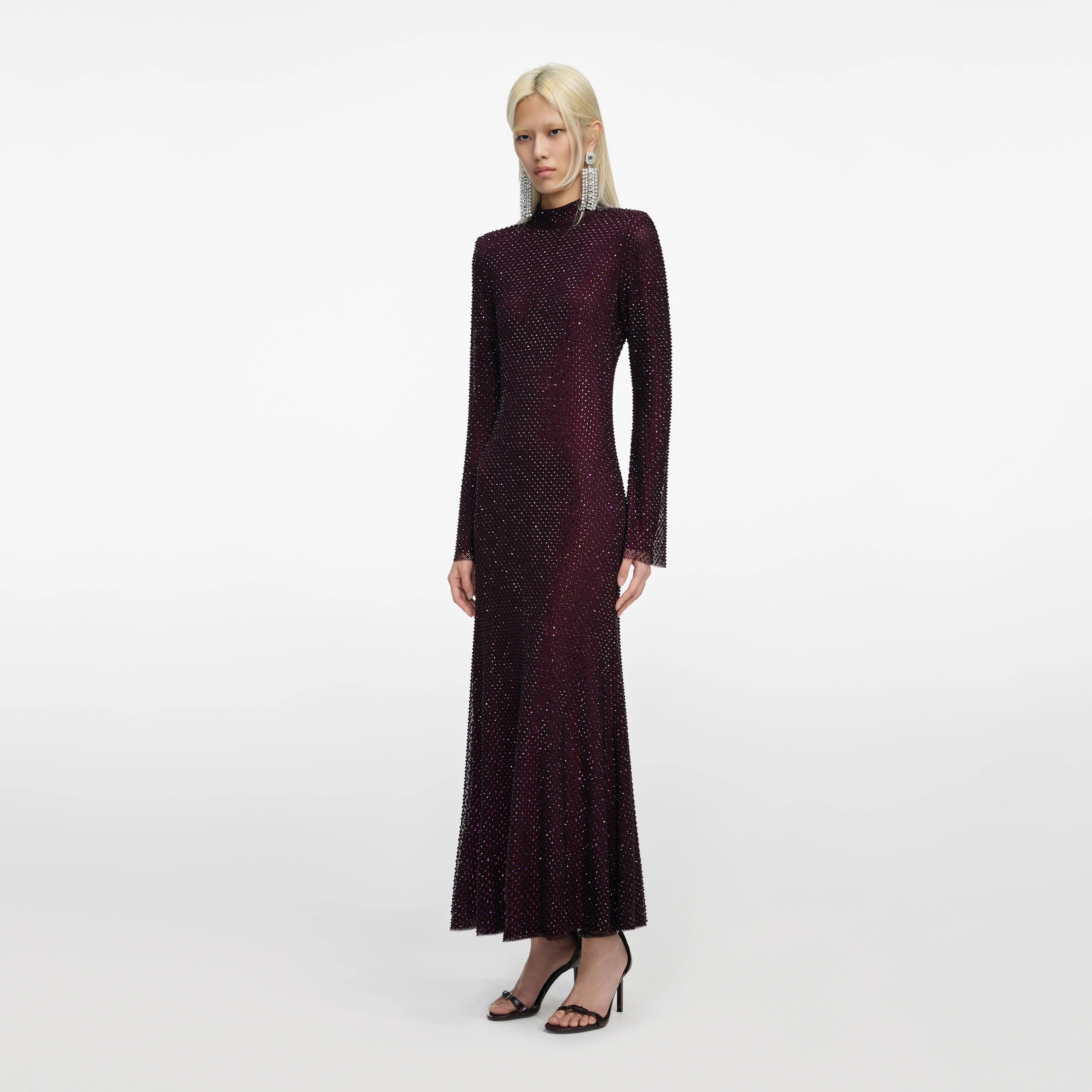 Rhinestone Fishnet Midi Dress - Burgundy