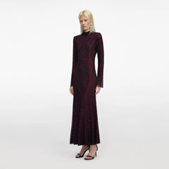Rhinestone Fishnet Midi Dress - Burgundy