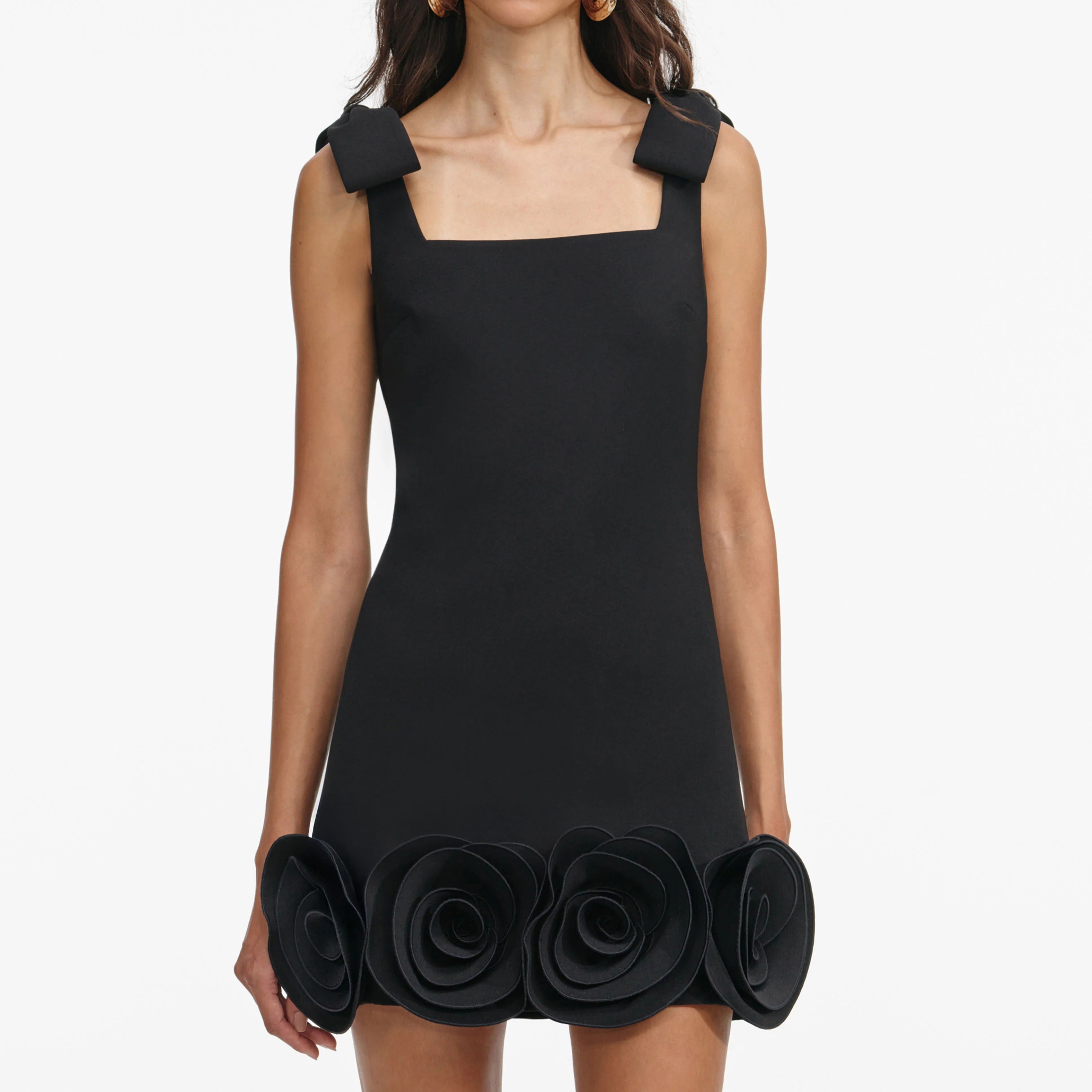 Crepe 3D Flower Mini Dress - Black
