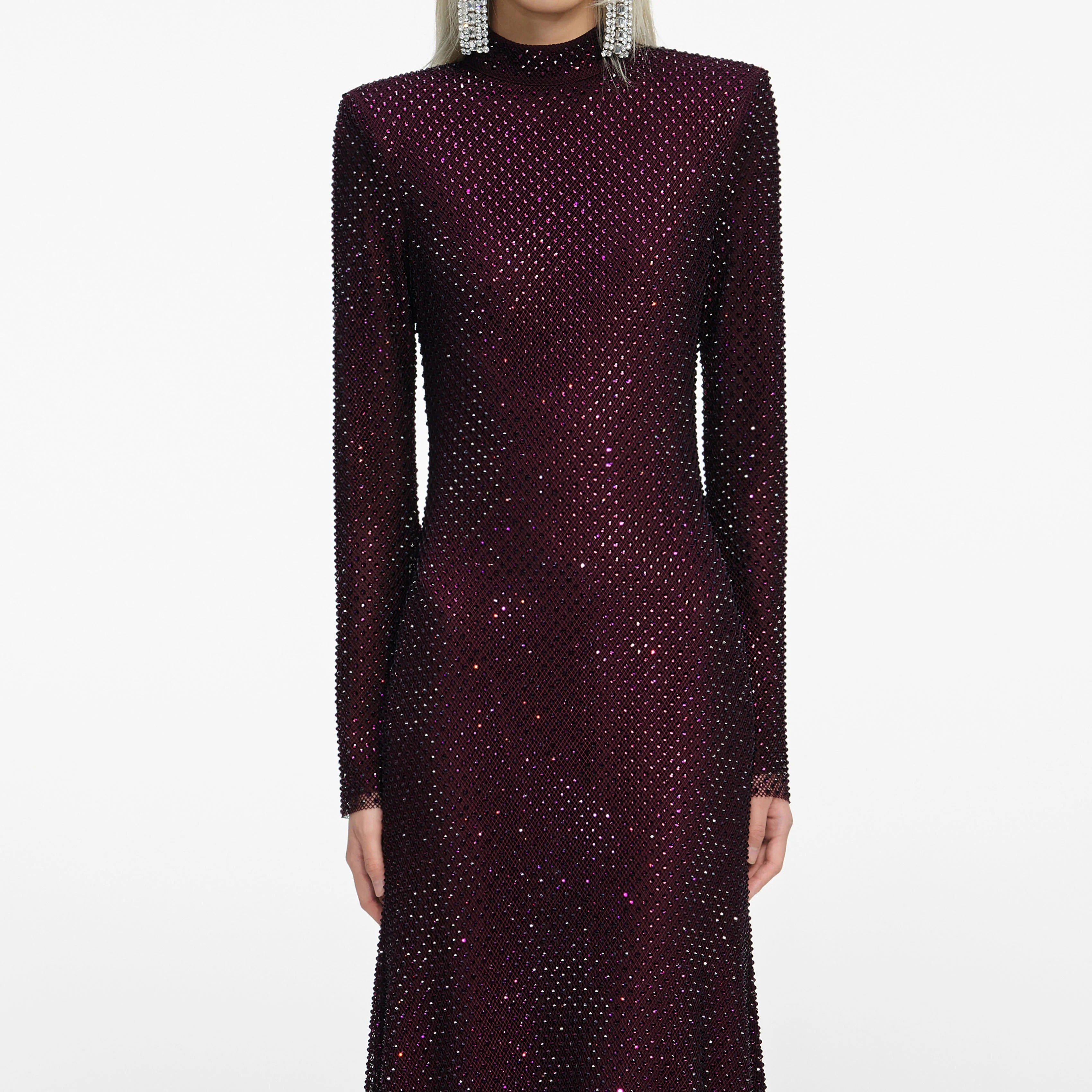 Rhinestone Fishnet Midi Dress - Burgundy