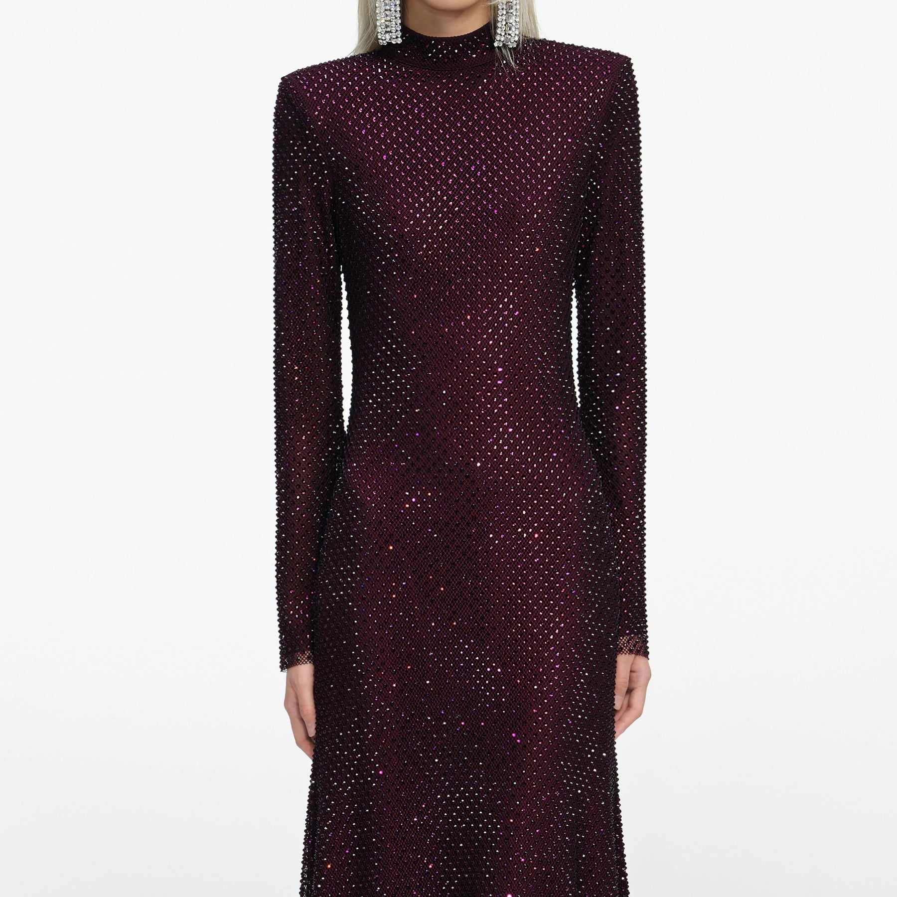 Rhinestone Fishnet Midi Dress - Burgundy