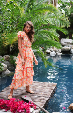 Lainey Dress W Tiered Skirt - Orange