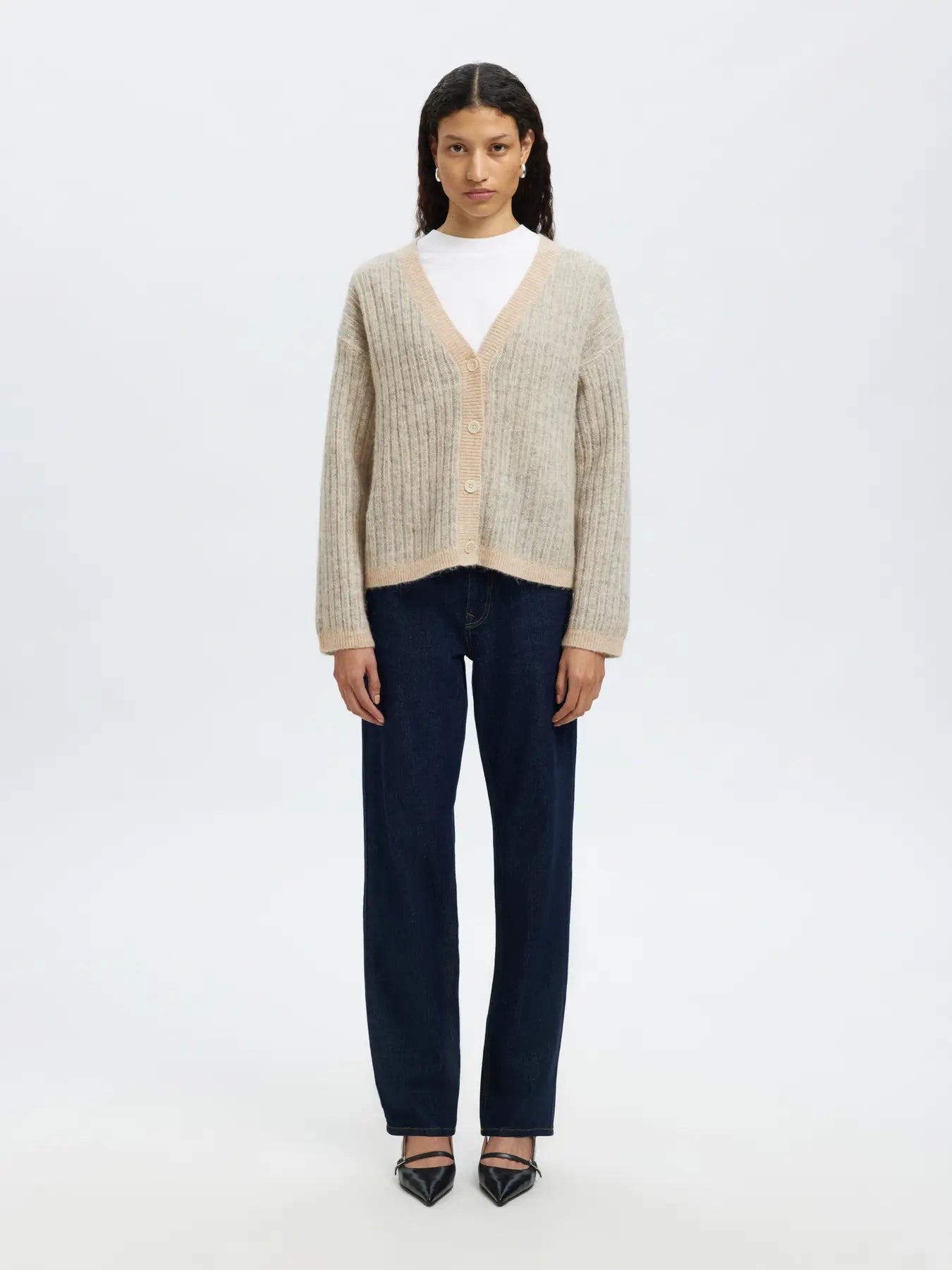 Alva Ls Knit Stripe V-Cardigan - Birch Lgm + Birch
