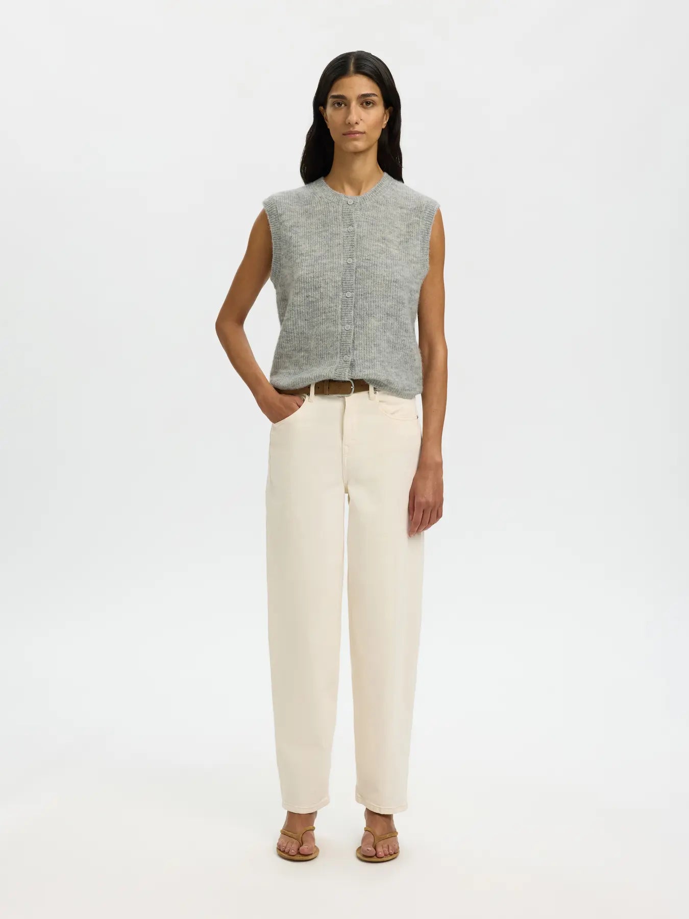 Lulu Sl Button O-Neck Vest - Light Grey Melange