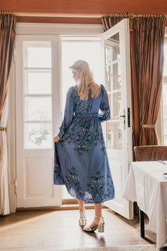 Nova Paisley Border Dress - Dusty Blue