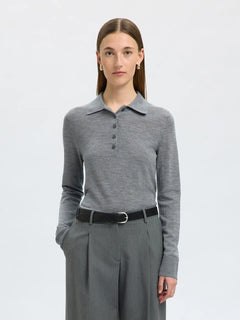 Thea Ls Knit Merino Collar Neck - Medium Grey Melange