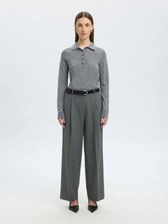 Thea Ls Knit Merino Collar Neck - Medium Grey Melange
