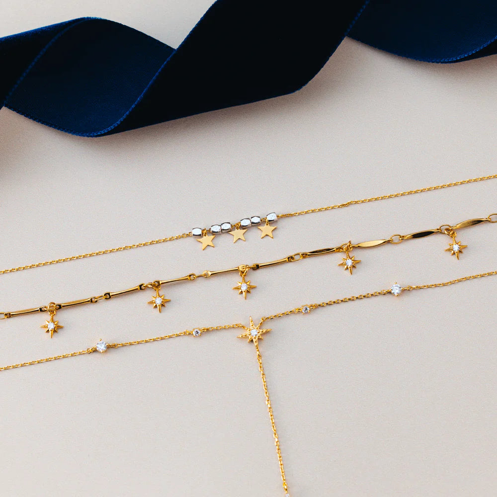 Crystal & Starburst Fine Lariat Necklace - Pale Gold
