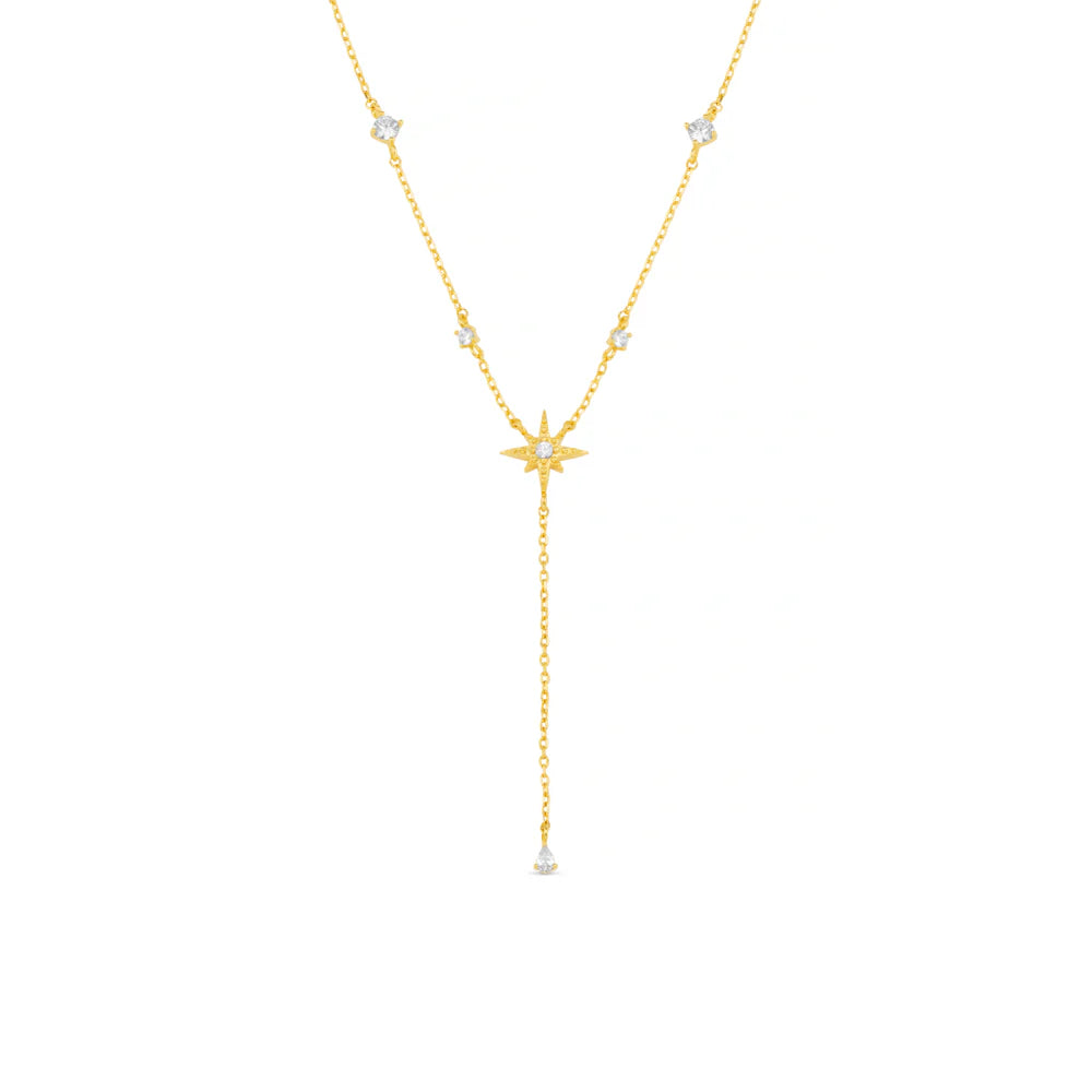 Crystal & Starburst Fine Lariat Necklace - Pale Gold