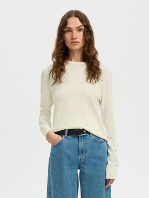 Thea Ls Knit Merino O-Neck - Egret