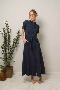 Stella Linen Dress - Navy