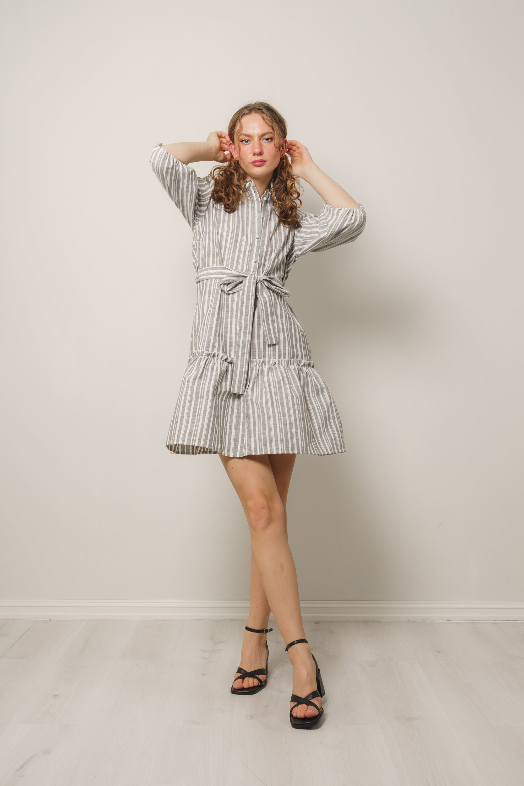 Linen Stripe Dress - Army/White