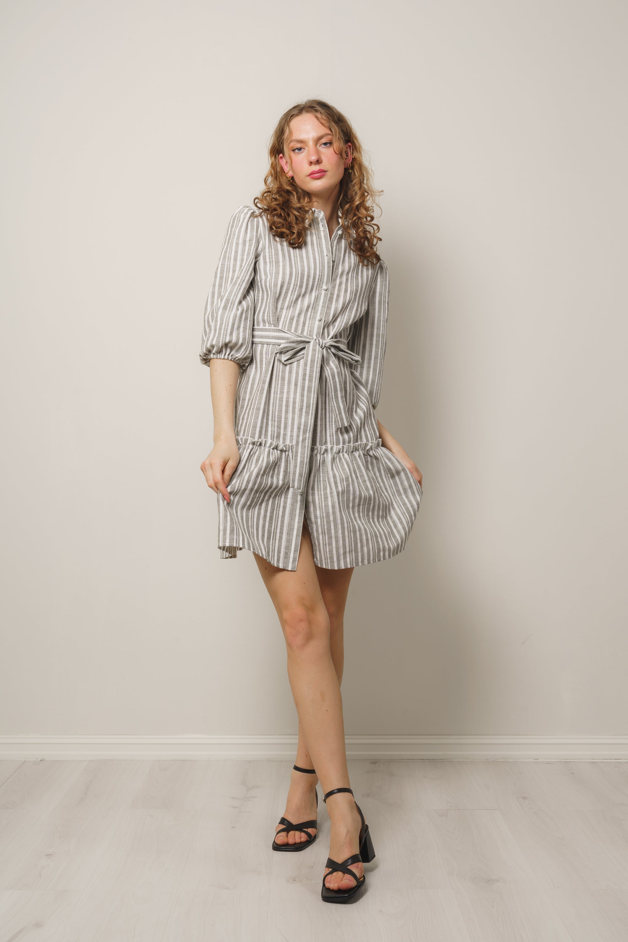 Linen Stripe Dress - Army/White